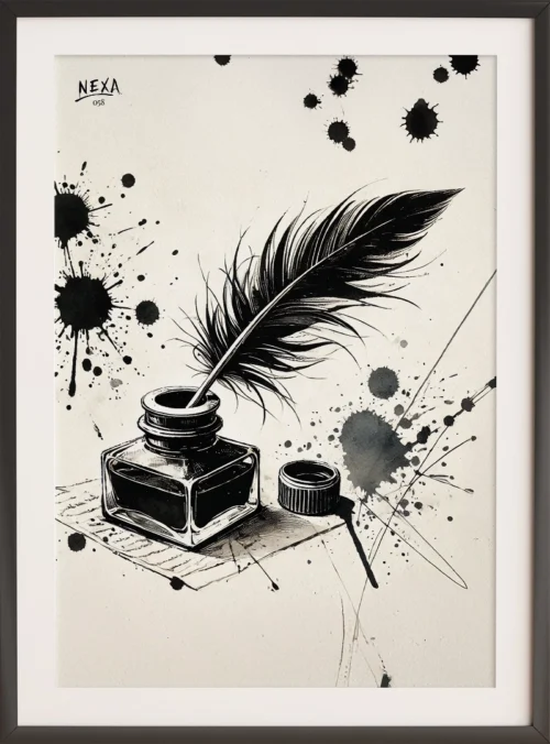 Black ink bottle with feather quill and abstract splatters – A4 printable