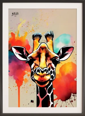 Colorful giraffe head with orange, red, and teal watercolor splashes – A4 printable