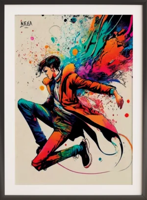 Energetic person jumping with colorful paint splashes trailing – A4 printable