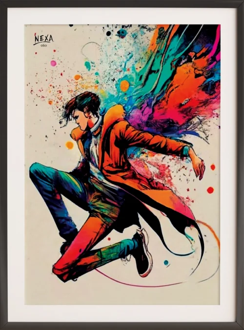 Energetic person jumping with colorful paint splashes trailing – A4 printable