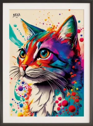 Colorful cat with bright eyes and rainbow splash effects – A4 printable