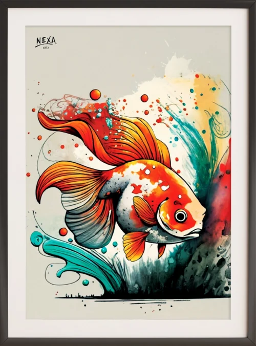 Vibrant goldfish with red fins and splashy abstract background – A4 printable