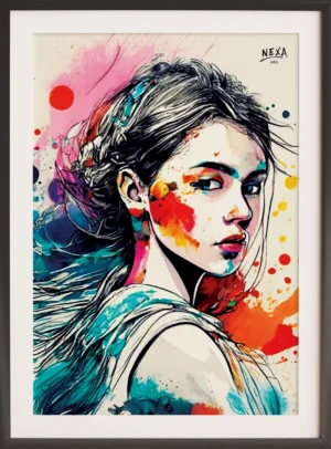 Colorful female portrait with abstract watercolor splashes – A4 printable
