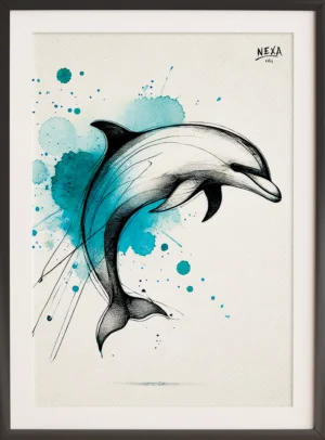Dynamic dolphin jumping through blue watercolor splashes – A4 printable