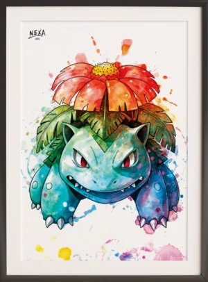 Large reptilian creature with a giant flower on its back and vibrant watercolor splashes – A4 printable