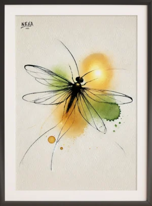 Delicate dragonfly with green and yellow watercolor background – A4 printable
