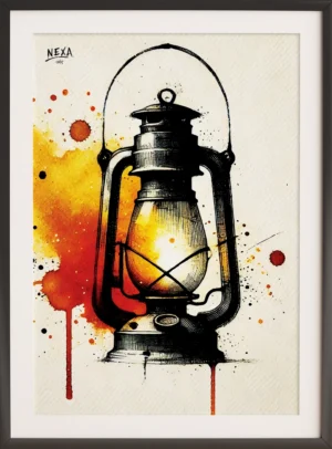 Old-fashioned lantern with glowing fire and watercolor splashes – A4 printable