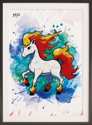 Fiery horse with golden flames and watercolor background – A4 printable