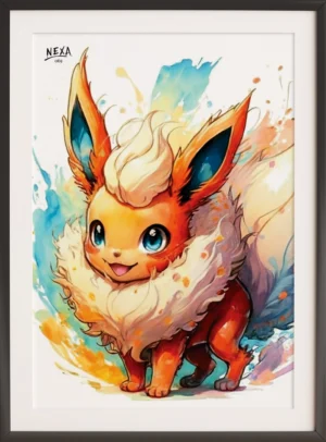 Fire-type inspired fox creature with large ears and watercolor flames – A4 printable