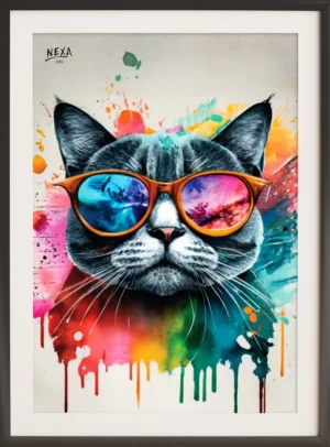 Stylish cat wearing sunglasses with colorful reflections and watercolor splashes – A4 printable