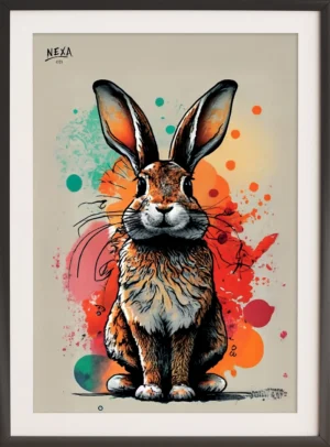 Detailed rabbit with orange and brown fur and colorful watercolor splashes – A4 printable