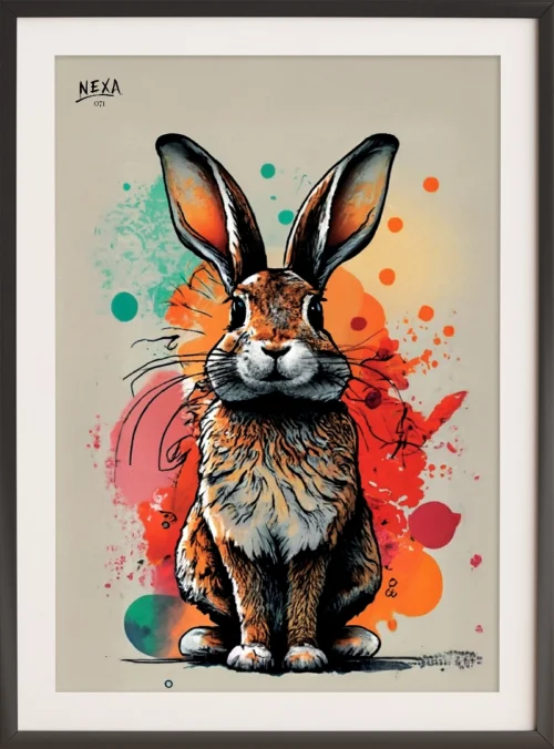 Detailed rabbit with orange and brown fur and colorful watercolor splashes – A4 printable