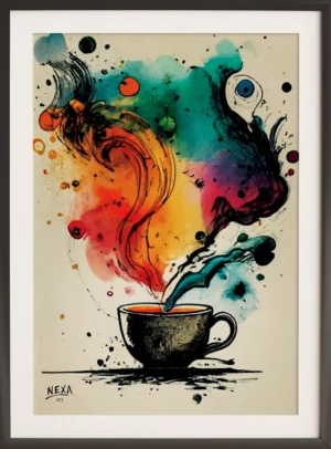 Cup of coffee with colorful abstract smoke rising like dream shapes – A4 printable