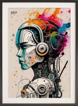 Futuristic robot head with colorful paint splashes and mechanical details – A4 printable