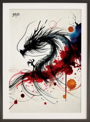 Black ink dragon with watercolor splashes in red, blue and orange – A4 printable