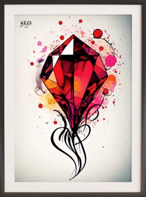 Large red gem with dark tendrils and watercolor splashes – A4 printable