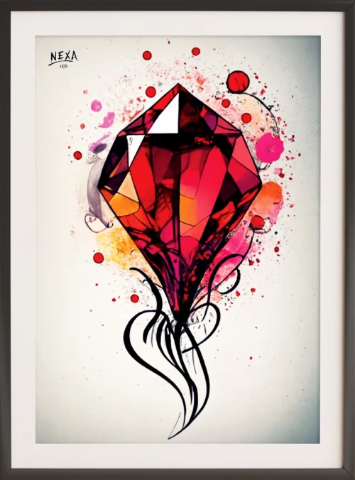 Large red gem with dark tendrils and watercolor splashes – A4 printable
