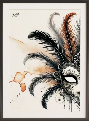 Baroque mask with black and brown feathers, intricate details and ink splashes – A4 printable