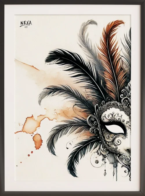 Baroque mask with black and brown feathers, intricate details and ink splashes – A4 printable