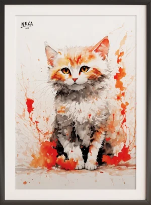 Long-haired orange and white kitten with watercolor flame splashes – A4 printable