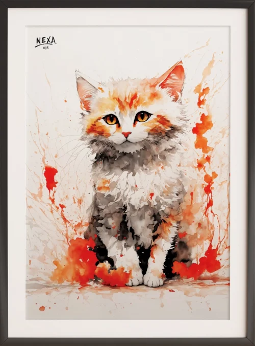 Long-haired orange and white kitten with watercolor flame splashes – A4 printable