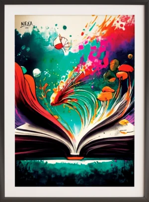 Open book releasing fish, butterflies, mushrooms, and colorful magic swirls – A4 printable