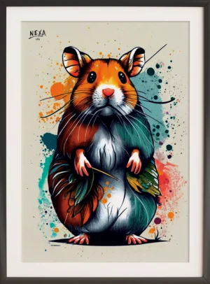 Cute hamster surrounded by colorful watercolor splashes – A4 printable