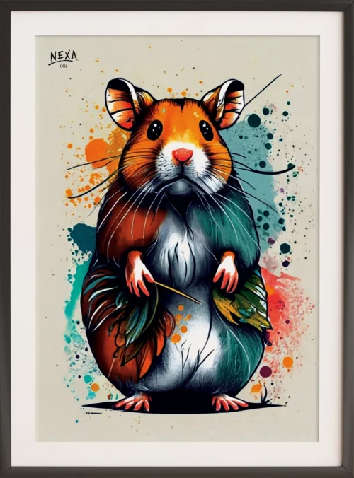 Cute hamster surrounded by colorful watercolor splashes – A4 printable