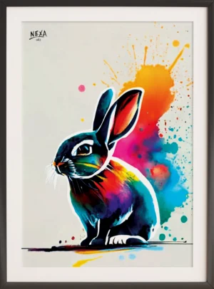 Black rabbit with vivid rainbow paint splashes in background – A4 printable