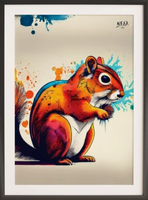 Colorful squirrel with splashes of paint in orange, blue, and pink – A4 printable