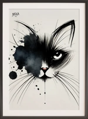 Black and white cat face with ink splashes and expressive eyes – A4 printable