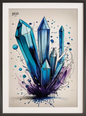Burst of tall blue crystals emerging from a purple base with swirling ink effects – vertical A4 printable