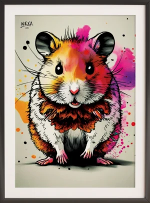 Round and fluffy hamster with vivid paint splashes, standing upright with expressive face – A4 printable