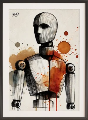 Wooden android figure with simplified features and ink hatching, surrounded by brown and red watercolor stains – A4 printable