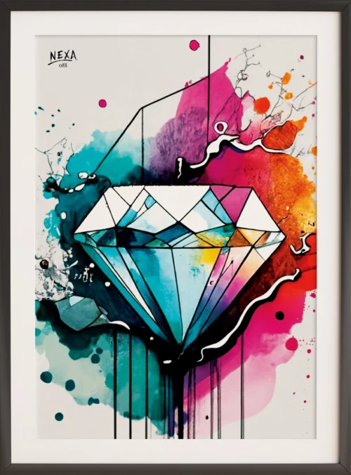 Faceted geometric diamond suspended in the air, with colorful paint splashes around it – A4 vertical printable