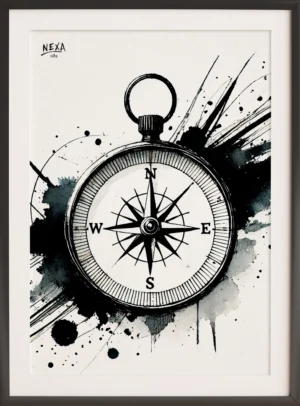 Black ink compass with splattered background and hand-drawn details – vertical A4 printable