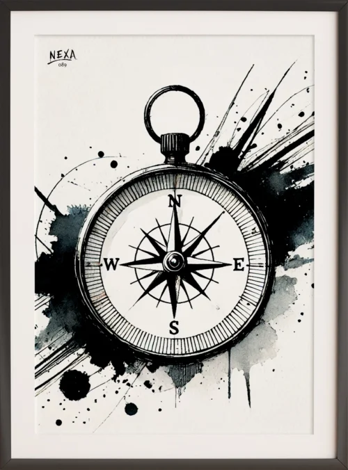 Black ink compass with splattered background and hand-drawn details – vertical A4 printable