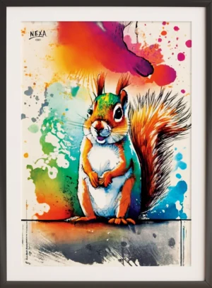 Squirrel on a ledge surrounded by bold watercolor splashes, in a graffiti-inspired style – vertical A4 printable