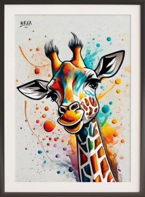 Vibrant giraffe with bright colorful patterns and paint splashes – A4 printable