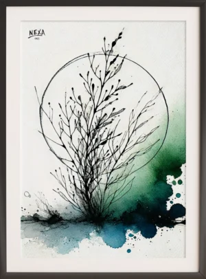 Delicate watercolor of plant-inspired lines with green and blue tones – vertical A4 printable design