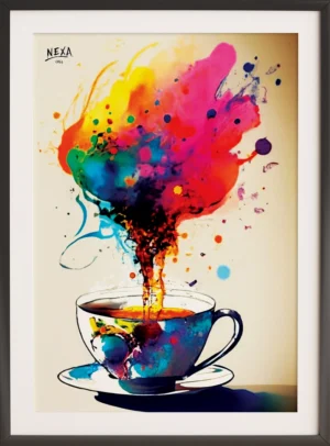 Colorful coffee cup with vibrant watercolor splash rising – A4 printable