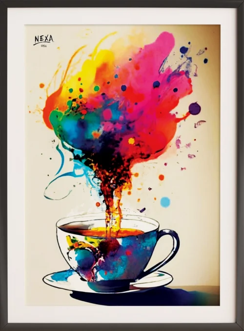 Colorful coffee cup with vibrant watercolor splash rising – A4 printable