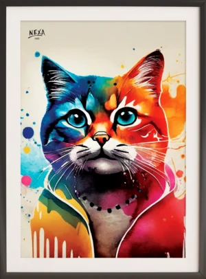 Colorful cat with jacket and beaded necklace, vivid paint splashes, blue eyes – A4 printable