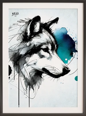 Black ink portrait of a dark wolf with blue and teal watercolor splashes – vertical A4 printable image
