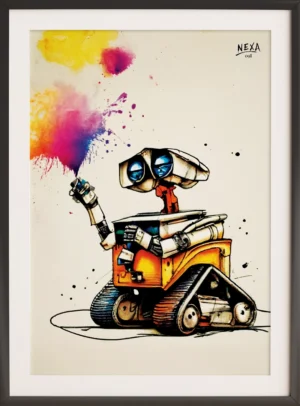 Cute robot with big eyes holding a splash of color in the air, illustrated in ink and watercolor – vertical A4 printable artwork