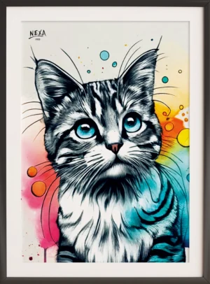Realistic portrait of a tabby cat with bright blue eyes, drawn in black ink with colorful watercolor splashes – vertical printable A4 artwork