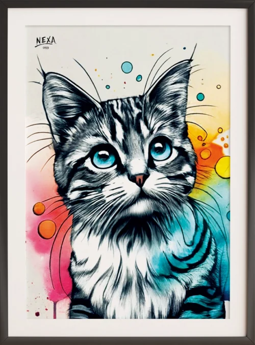 Realistic portrait of a tabby cat with bright blue eyes, drawn in black ink with colorful watercolor splashes – vertical printable A4 artwork