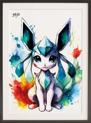 Elegant ice-type creature with crystal-like ears and tail, surrounded by blue and red watercolor splashes – vertical A4 printable art