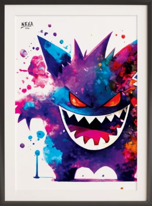 Dark ghostly creature with glowing red eyes and vibrant purple watercolor splashes – A4 printable