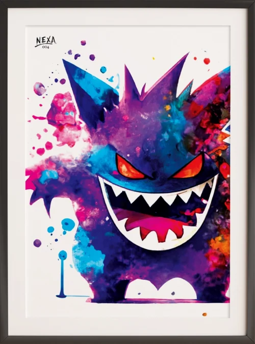 Dark ghostly creature with glowing red eyes and vibrant purple watercolor splashes – A4 printable